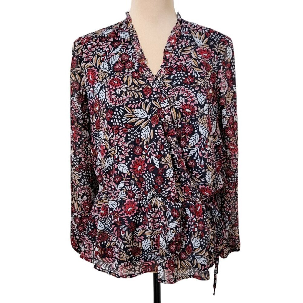 Liz Claiborne Size PS Navy Floral Blouse, Tie Waist, Faux Wrap, V Neck, NEW